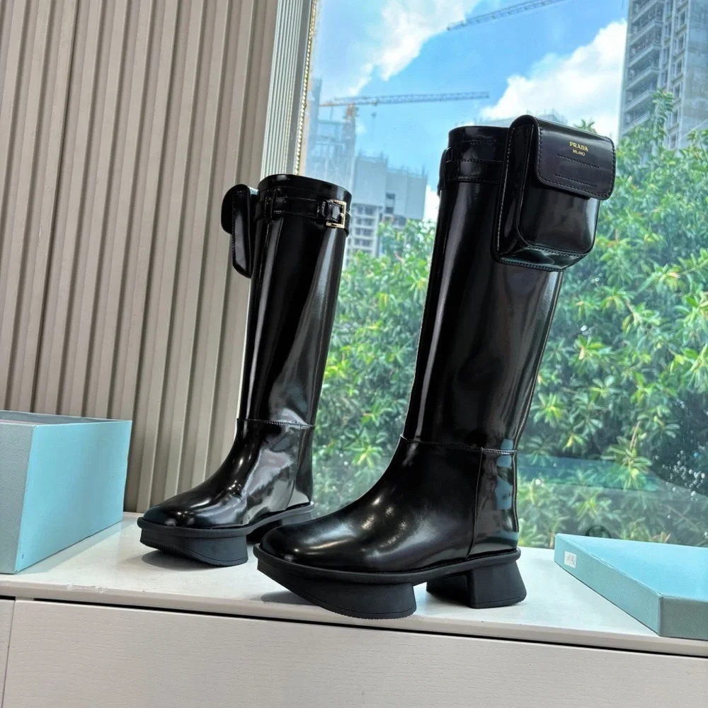 Prada Glossy Black Over the Knee Boots